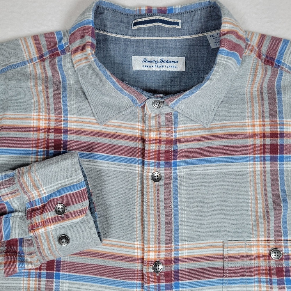 Tommy Bahama Shirt Mens XXL Plaid Canyon Beach Flannel Button Down Gray/Red/Blue